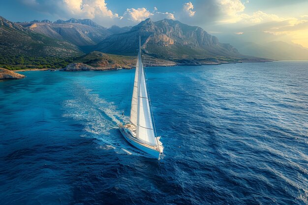 Aerial view of sailing yacht race under bright sunlight in calm open ocean waters