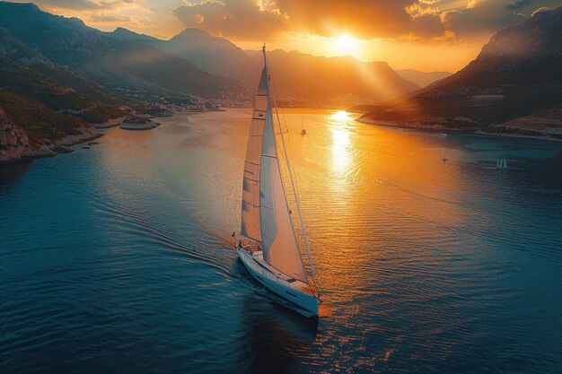 Photo aerial view of a sailing yacht race under bright sunlight on a serene open sea landscape