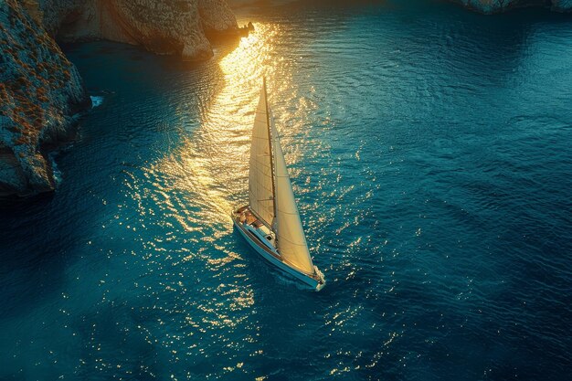 Photo aerial view of a sailing yacht race in serene waters under bright summer sunshine