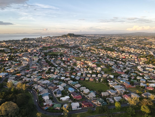 Aerial view of San Fernando city against the dusk sky at sunset in Trinidad and Tobago