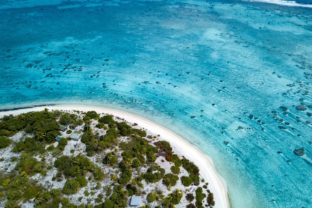 Aerial view of sandy beach lagoon of polynesia Cook islands