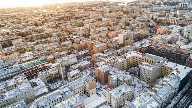 Aerial view of Sankt Petersburg Russia city old town roofs in winter time