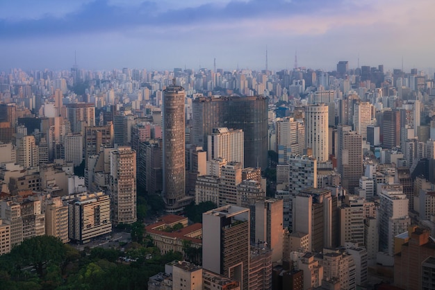 Aerial view of Sao Paulo Skyline with Italia and Copan Buildings Sao Paulo Brazil