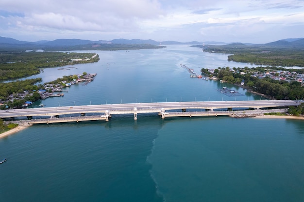 Aerial view of Sarasin bridge road transportation backgroundThe bridge is a between Phang Nga and Phuket island Thailand The bridge is the most important in making business and transportation