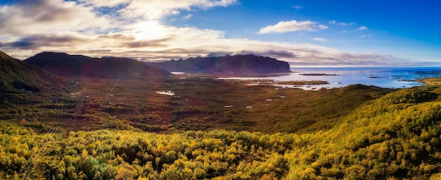 Aerial view of a scenic coast on Lofoten islands in Norway