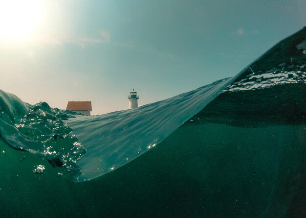 Aerial view of sea and buildings against sky