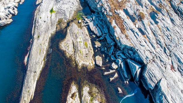 Aerial view of the sea wave and rocks of the coastline of Norway