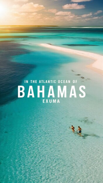 Photo aerial view of seascape bahamas exuma crystal clear waters of atlantic ocean with two peoples t