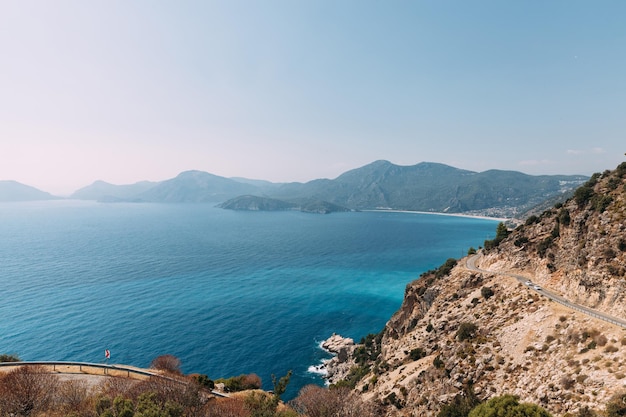 Aerial view of seascape in Oludeniz Turkey Sea and Mountains around turquoise water