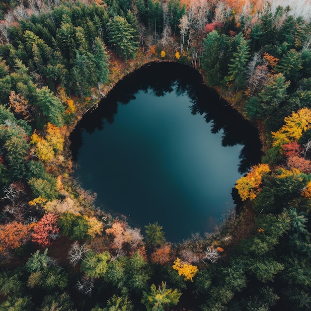 Photo aerial view of a secluded forest lake surrounded by vibrant autumn foliage