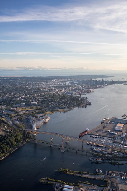 Aerial view of Second Narrows Bridge Industrial Sites and Vancouver Downtown City