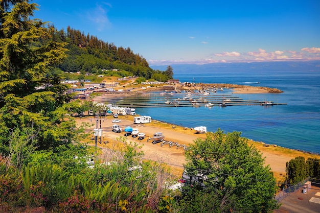 Aerial view of sekiu port with yachts washington state