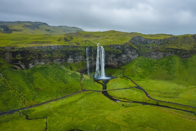 Aerial view of Seljalandsfoss most famous best known and visited waterfalls in Iceland