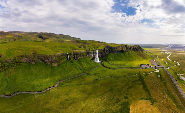 Aerial view of Seljalandsfoss Waterfall in Iceland