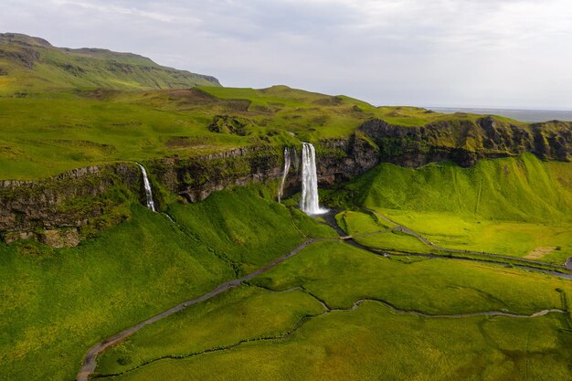 Aerial view of Seljalandsfoss Waterfall in Iceland