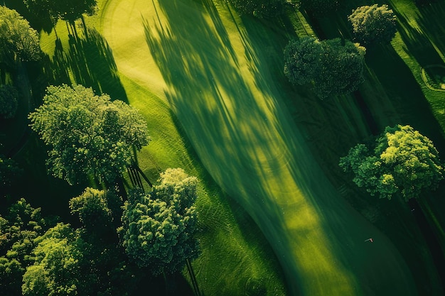 Photo aerial view of serene golf course with long shadows and lush greens