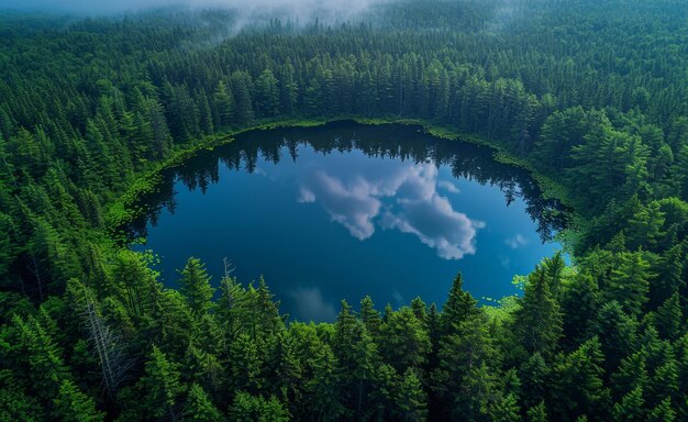 Aerial View of a Serene Lake Nestled in a Forest