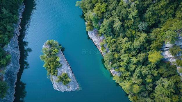 Photo aerial view of a serene lake with two small islands covered in lush green foliage