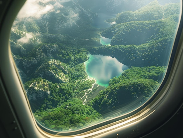 Aerial view of serene landscape with lake or river surrounded by green mountains and trees Clear