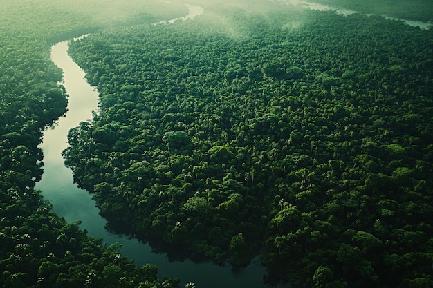 Photo aerial view of serene river winding through lush rainforest canopy