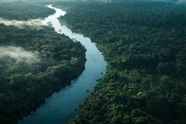 Aerial View of Serene River Winding Through Lush Rainforest Canopy