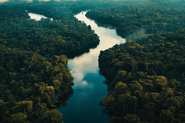 Aerial View of Serene River Winding Through Lush Rainforest Canopy