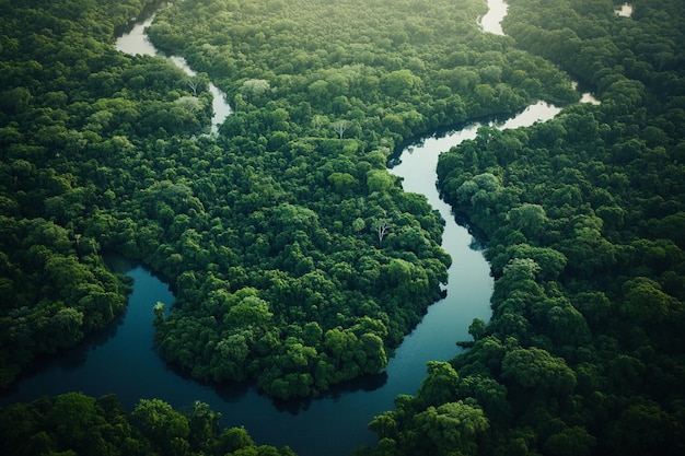 Photo aerial view of serene river winding through lush rainforest canopy