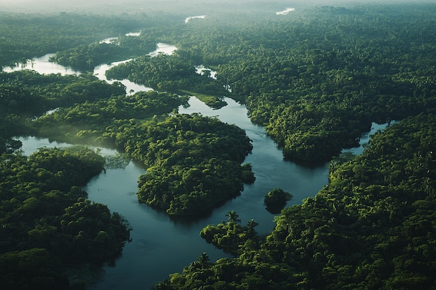 Aerial View of Serene River Winding Through Lush Rainforest Canopy