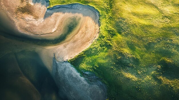 Photo aerial view of a serpentine river bend surrounded by lush green vegetation