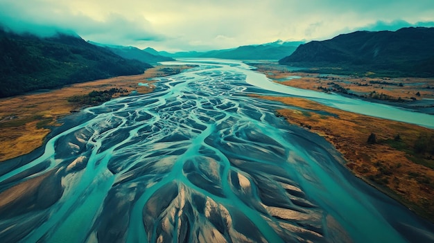 Photo aerial view of a serpentine river winding through a mountain valley