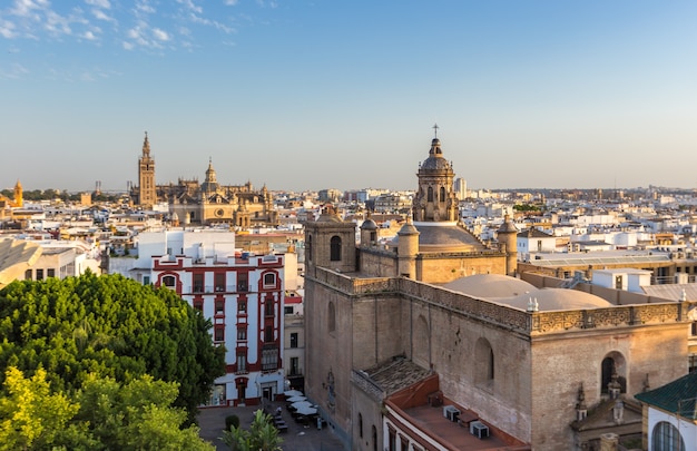 Aerial view of seville city skyline at sunset,Spain