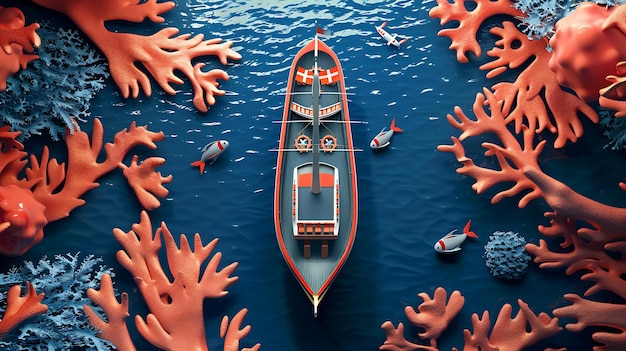 Photo aerial view of a ship surrounded by coral reefs