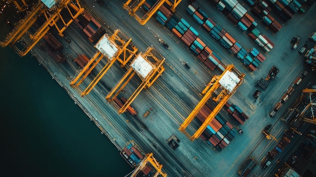 Aerial view of a shipping port with cranes and containers