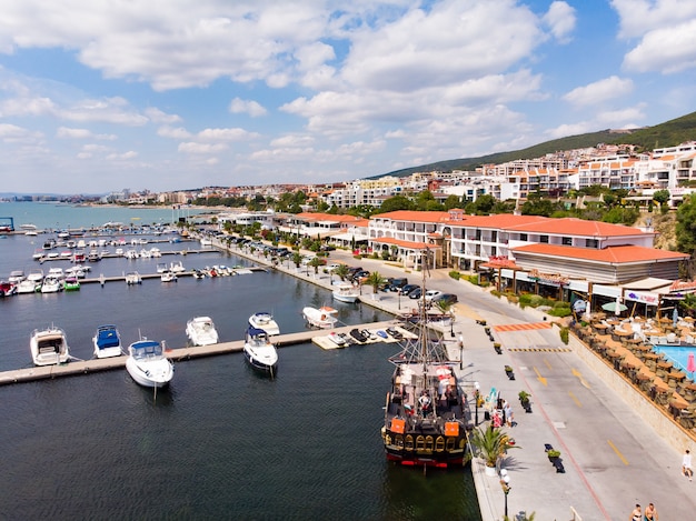 Aerial view of ships and yachts at the sea port marina of Sveti Vlas in Bulgaria