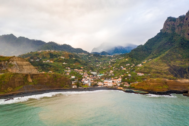 Aerial view of the shore of Ponta de Sao Lourenco in Portugal