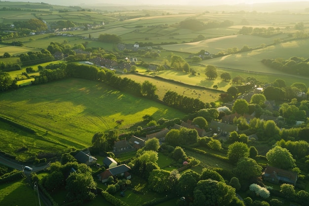 Photo aerial view shot of beautiful green fields and houses of the countryside on a sunny day