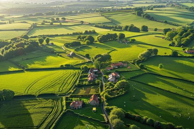 Aerial view shot of beautiful green fields and houses of the countryside on a sunny day