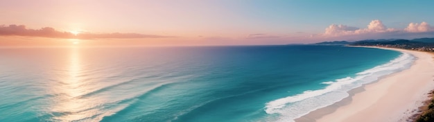 Photo aerial view showcases the mesmerizing blend of colors during sunset on a picturesque panoramic sea beach ai generated