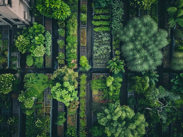 Photo aerial view showcasing urban buildings with extensive rooftop and vertical gardens promoting sustain