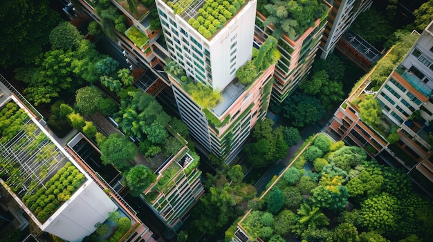 Photo aerial view showcasing urban buildings with extensive rooftop and vertical gardens promoting sustain