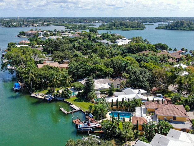 Aerial view of Siesta Key barrier island in the Gulf of Mexico coast of Sarasota Florida USA