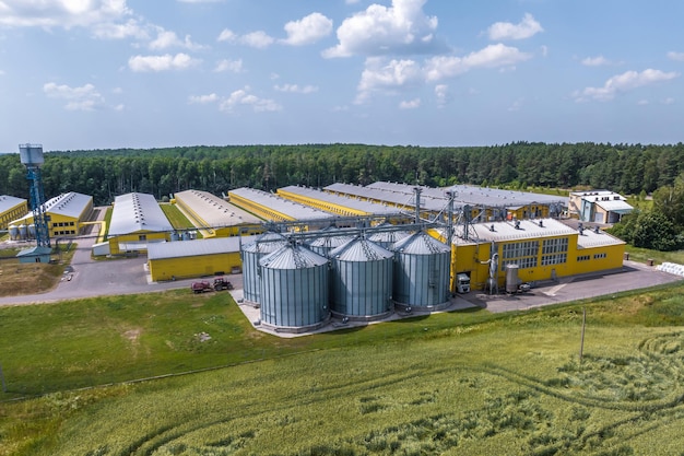 Aerial view on silos and agroindustrial livestock complex on agroprocessing and manufacturing plant with modern granary elevator chicken farm rows of chicken coop