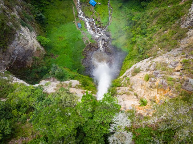 Aerial view Sipiso-piso waterfall in Sumatra