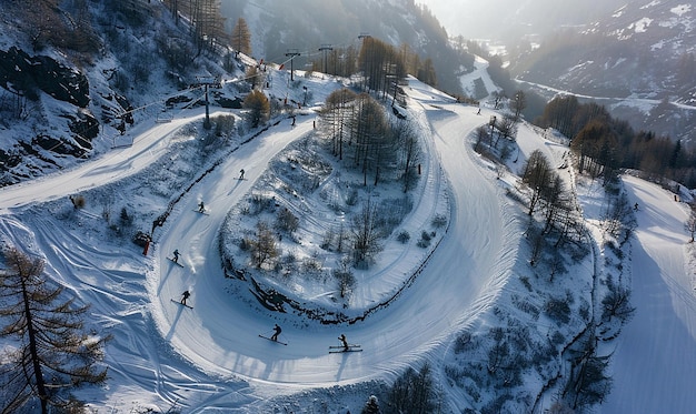 Aerial View of Skiers Carving Fresh Tracks in Deep Powder