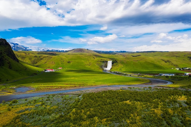 Aerial view of the Skogafoss waterfall in southern Iceland