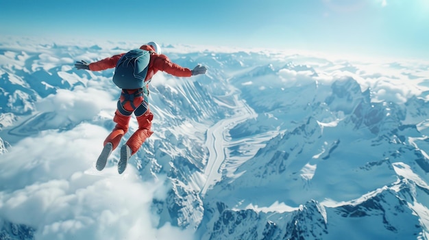 Aerial view A skydiver jumps out of a plane to explore a beautiful snowcovered aerial landscape in winter Including Provo Farmington Bountiful Orem and Salt Lake City Utah USA