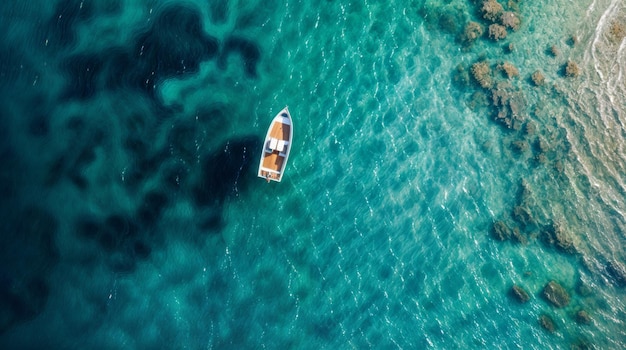 Aerial view of a small boat floating on crystalclear turquoise water showing underwater rocks and vibrant patterns created by the sunlight