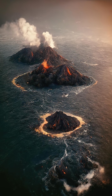 Aerial view of small eruption atoll islands archipelago in the ocean 3D illustration