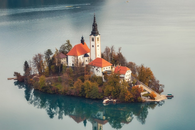 Aerial view of small island with a church on lake Bled, Slovenia