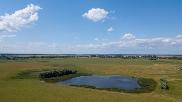 Aerial view of a small pond parallel to a country road in Saxony-Anhalt with fields and forests in the surrounding area, made with drone